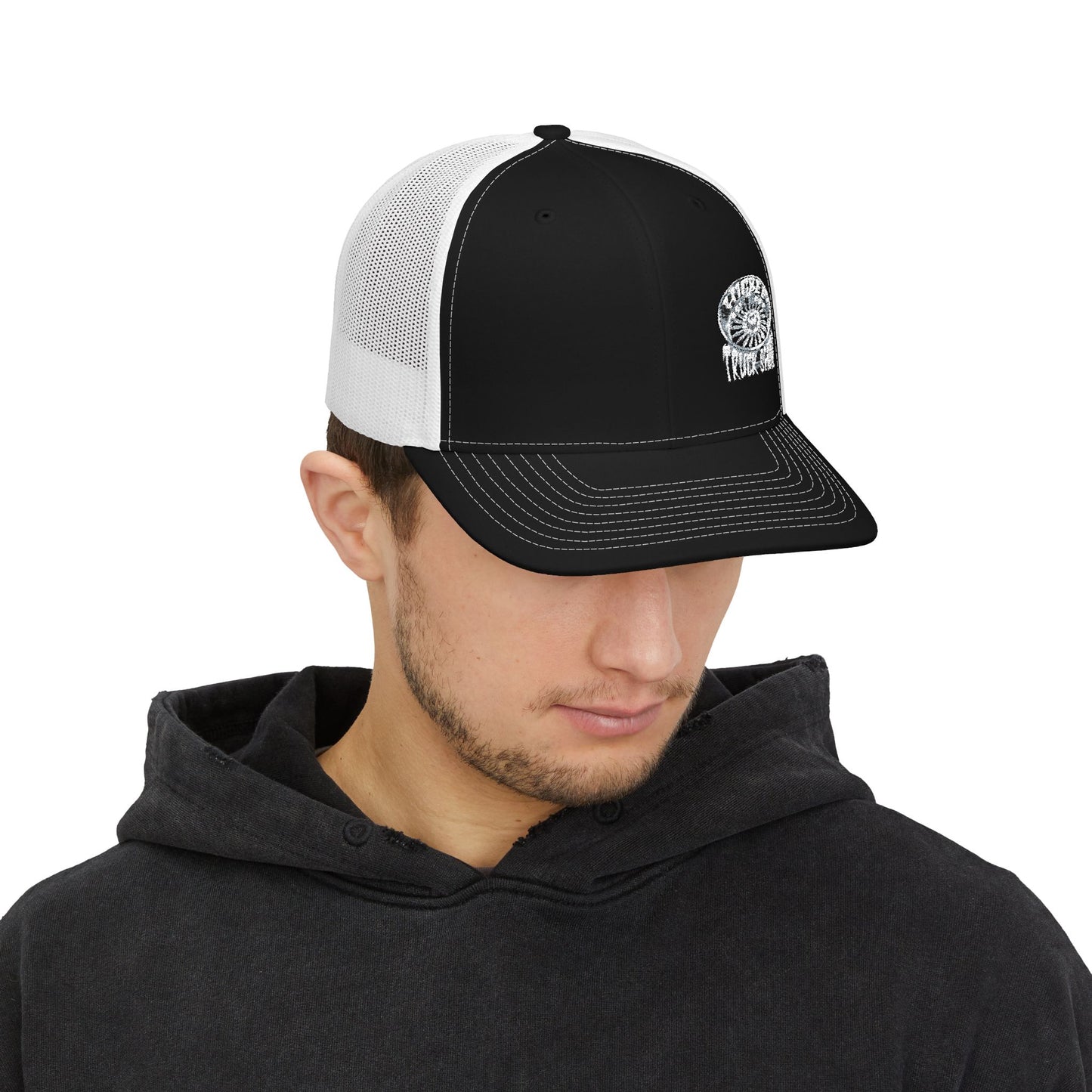 Embroidered Trucker Cap — Nautical Ammonite Skull Design