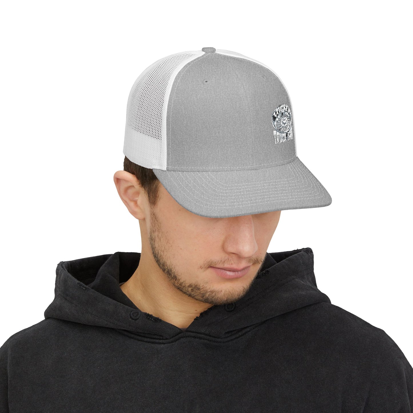 Embroidered Trucker Cap — Nautical Ammonite Skull Design