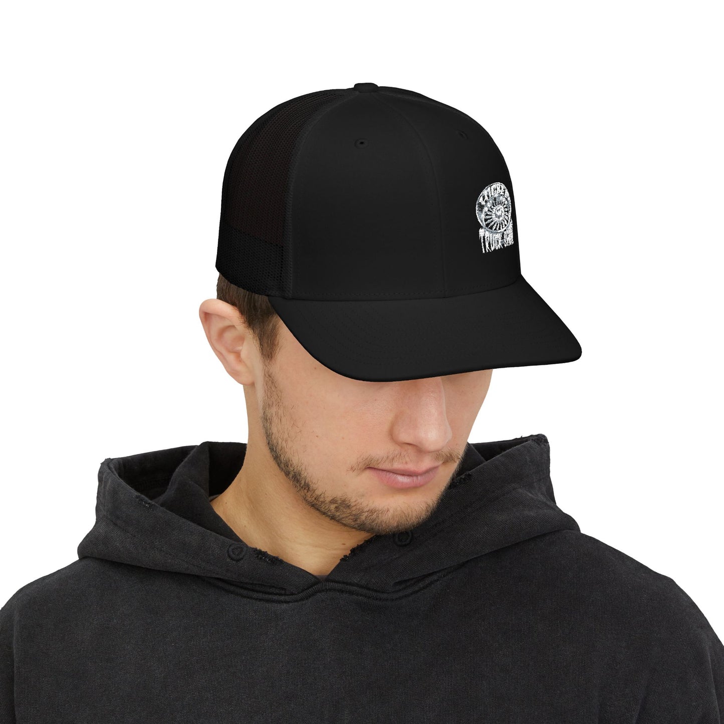 Embroidered Trucker Cap — Nautical Ammonite Skull Design