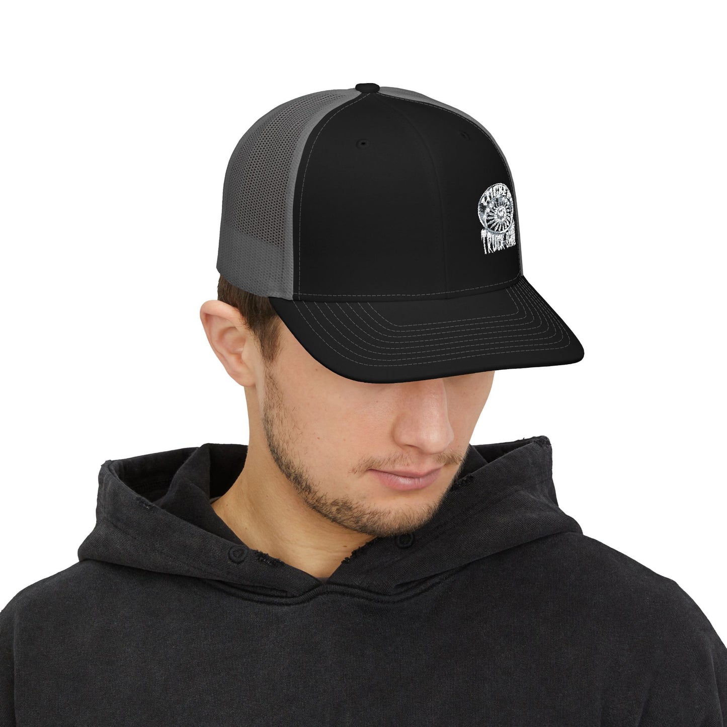 Embroidered Trucker Cap — Nautical Ammonite Skull Design